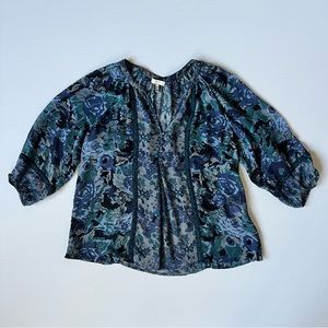 Joie silk floral blue green semi-sheer tunic blouse XS